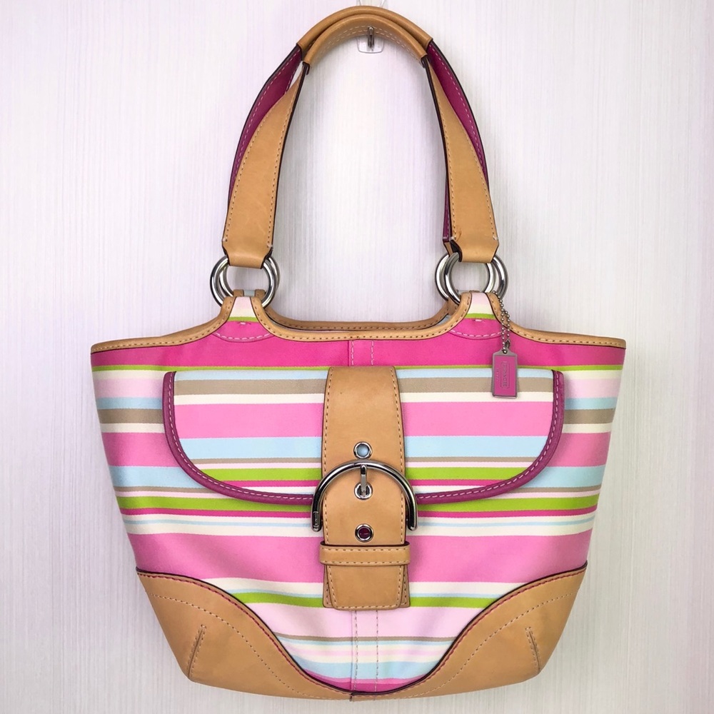Coach Pastel Pink Stripe Canvas Purse Tan Leather